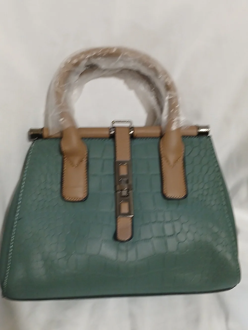 Green Croc-Texture Satchel Handbag with Tan Accents